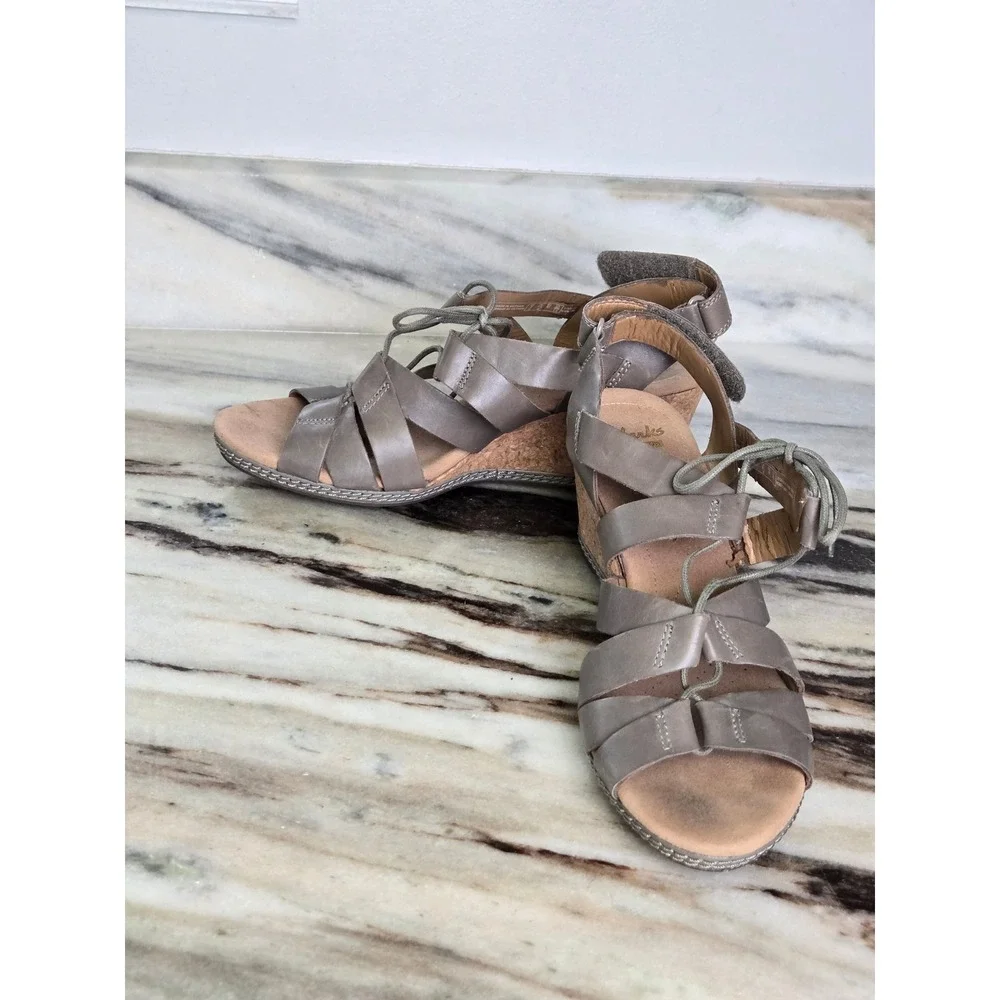 Clarks‎ Collection Taupe Leather Strappy Cork Wedge Sandals 9.5M